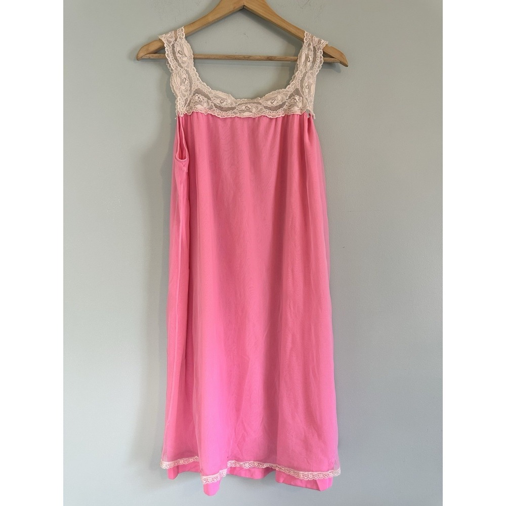 Vintage Stones Wear Pink Nylon Nightgown Lace Trim Chiffon Overlay Size Large